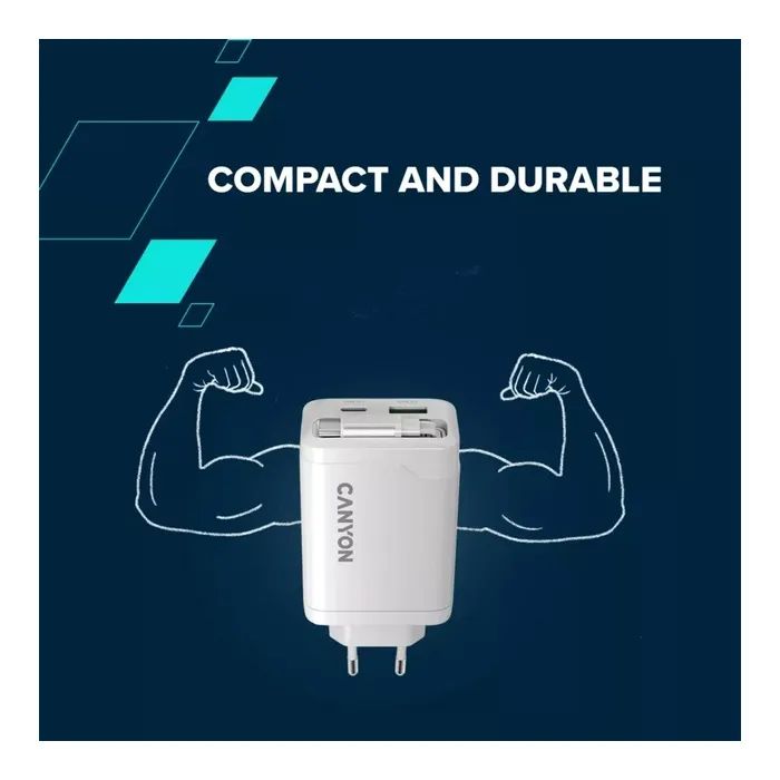 Зарядное устройство Canyon 1xUSB-C PD65W + 1xUSB QC3.0 + cable USB-C to USB-C white (CNS-CURC65ACW) изображение 12