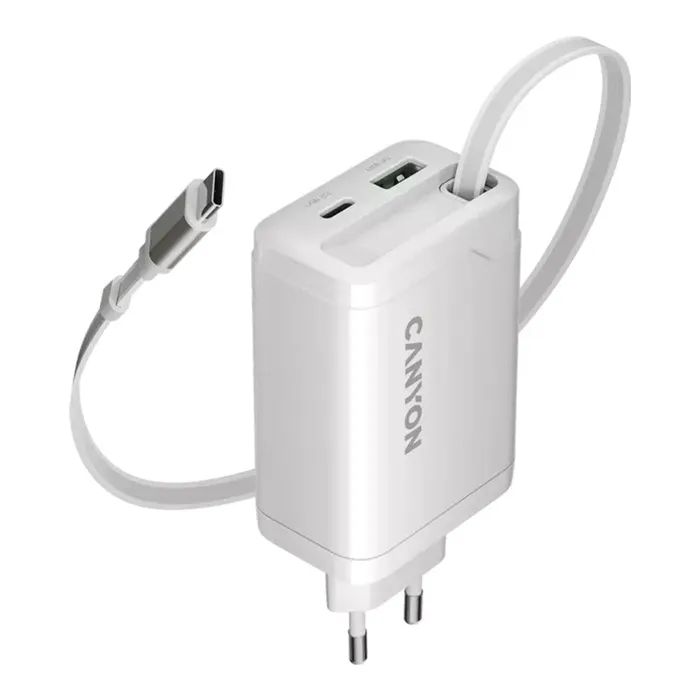 Зарядное устройство Canyon 1xUSB-C PD65W + 1xUSB QC3.0 + cable USB-C to USB-C white (CNS-CURC65ACW)