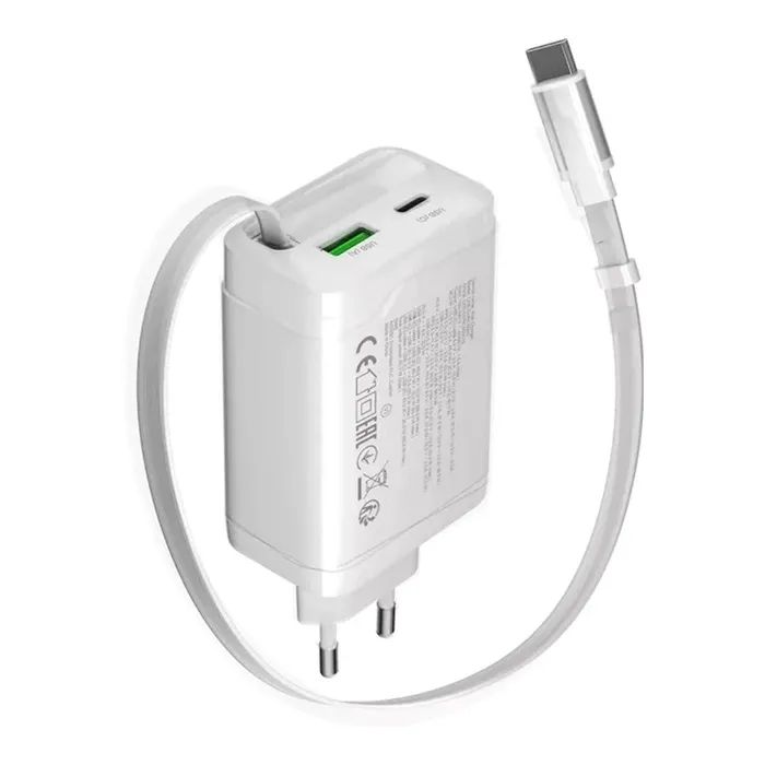 Зарядное устройство Canyon 1xUSB-C PD65W + 1xUSB QC3.0 + cable USB-C to USB-C white (CNS-CURC65ACW) изображение 2