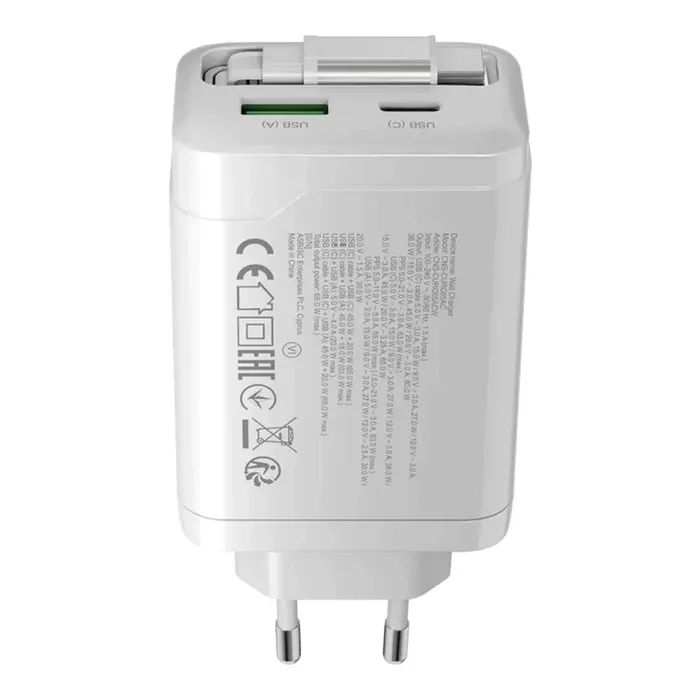 Зарядное устройство Canyon 1xUSB-C PD65W + 1xUSB QC3.0 + cable USB-C to USB-C white (CNS-CURC65ACW) изображение 5