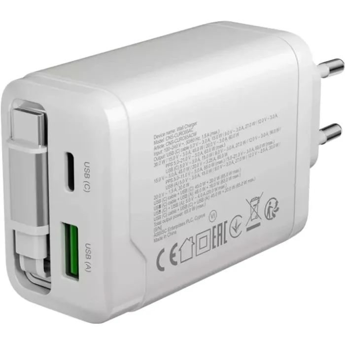 Зарядное устройство Canyon 1xUSB-C PD65W + 1xUSB QC3.0 + cable USB-C to USB-C white (CNS-CURC65ACW) изображение 6