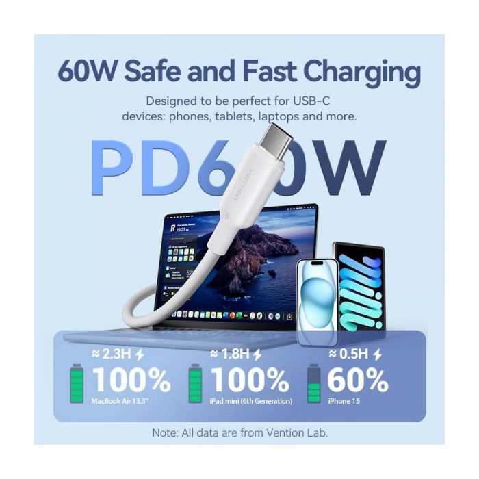 Дата кабель USB-C to USB-C 1.0m 60W white VENTION (TRCWF) зображення 5