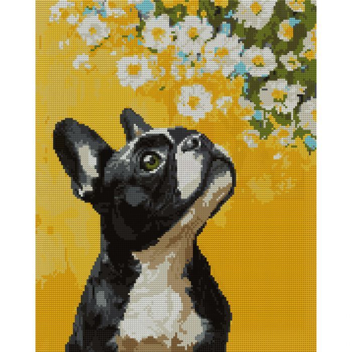 Картина по номерам Santi алмазна мозаїка Бульдог і квіти 40х50 см на підрамник (956048)