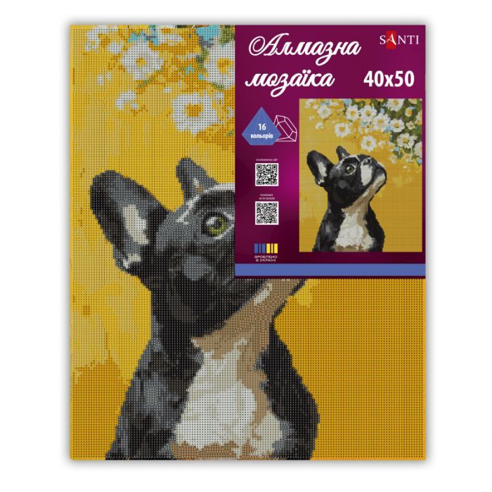 Картина по номерам Santi алмазна мозаїка Бульдог і квіти 40х50 см на підрамник (956048) изображение 2