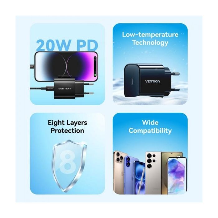 Зарядний пристрій Vention 1xUSB-C PD20W + cable USB-C to USB-C black (G16B0-EU) зображення 2