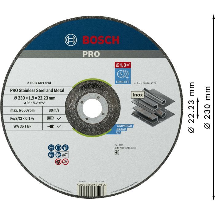 Круг отрезной Bosch Professional, для нержавеющей стали и металла, 230×1.9×22.23 mm (2.608.601.514) изображение 3