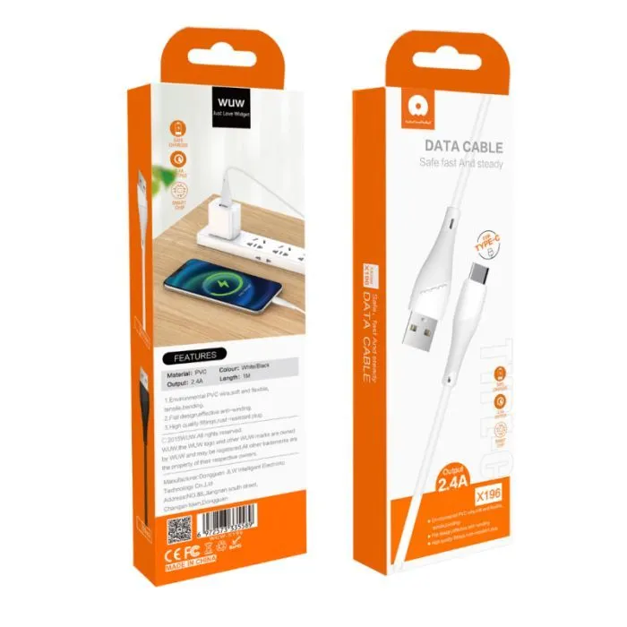 Дата кабель USB 2.0 AM to USB-C 1.0m 2.4A X196 white WUW (6972573335589) изображение 2