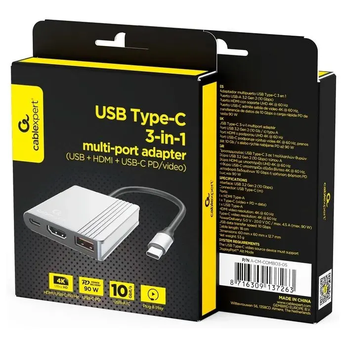 Концентратор Cablexpert USB-C 3-in-1 1xHDMI + 1xUSB 3.2 + 1xUSB-C PD 90W 10Gbps 4K60Hz (A-CM-COMBO3-05) изображение 5