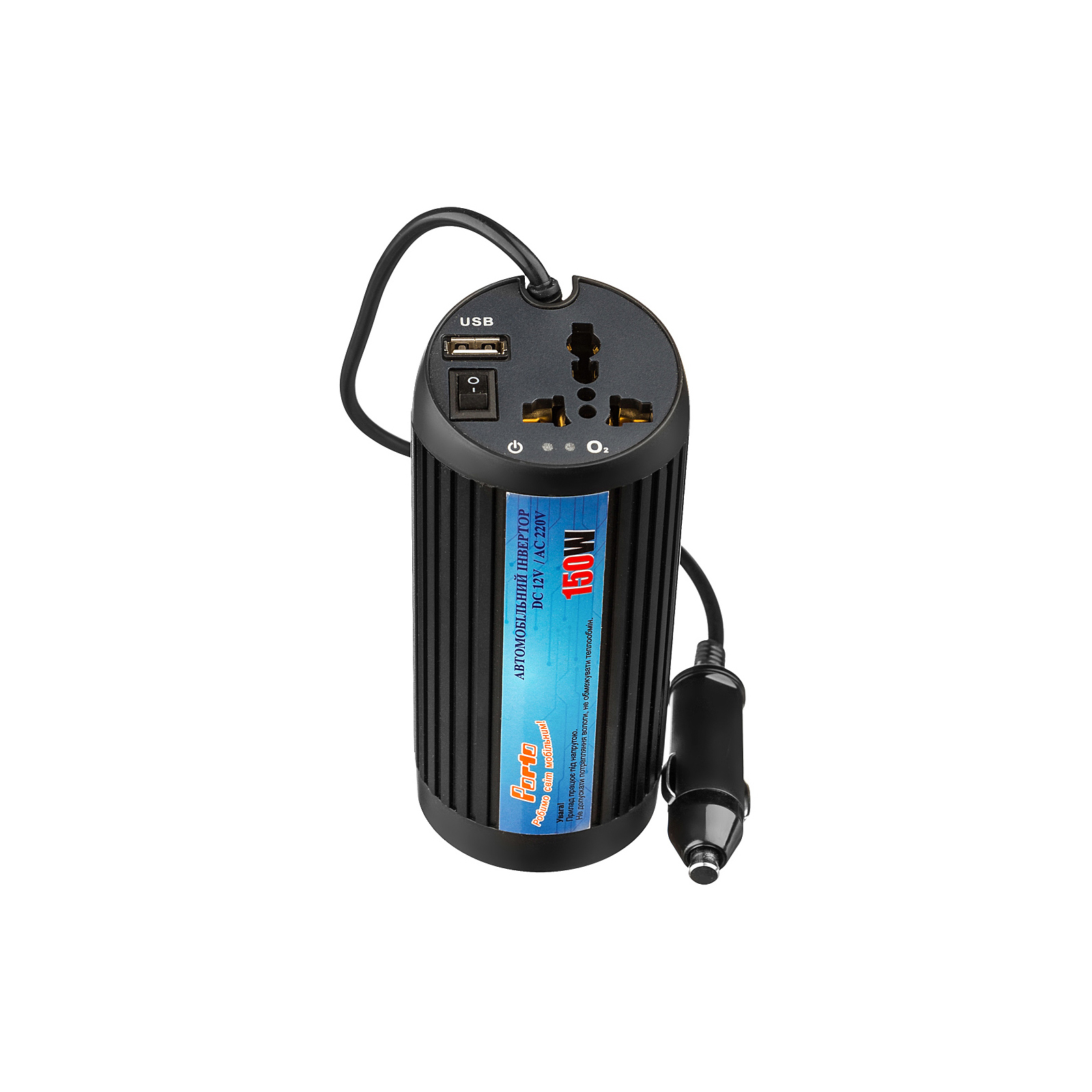 Автомобильный инвертор Porto 12V/220V 150W, USB, ионизатор, Black (MNY-150B)