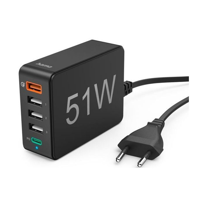 Зарядное устройство Hama 1xQC3.0, 3xUSB-A, 1xUSB-C PD 51W (00201630)
