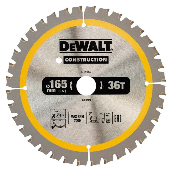 Диск пильный DeWALT CONSTRUCTION 165 х 20 мм, 36 z (ATB), 20 градусов (DT1950)
