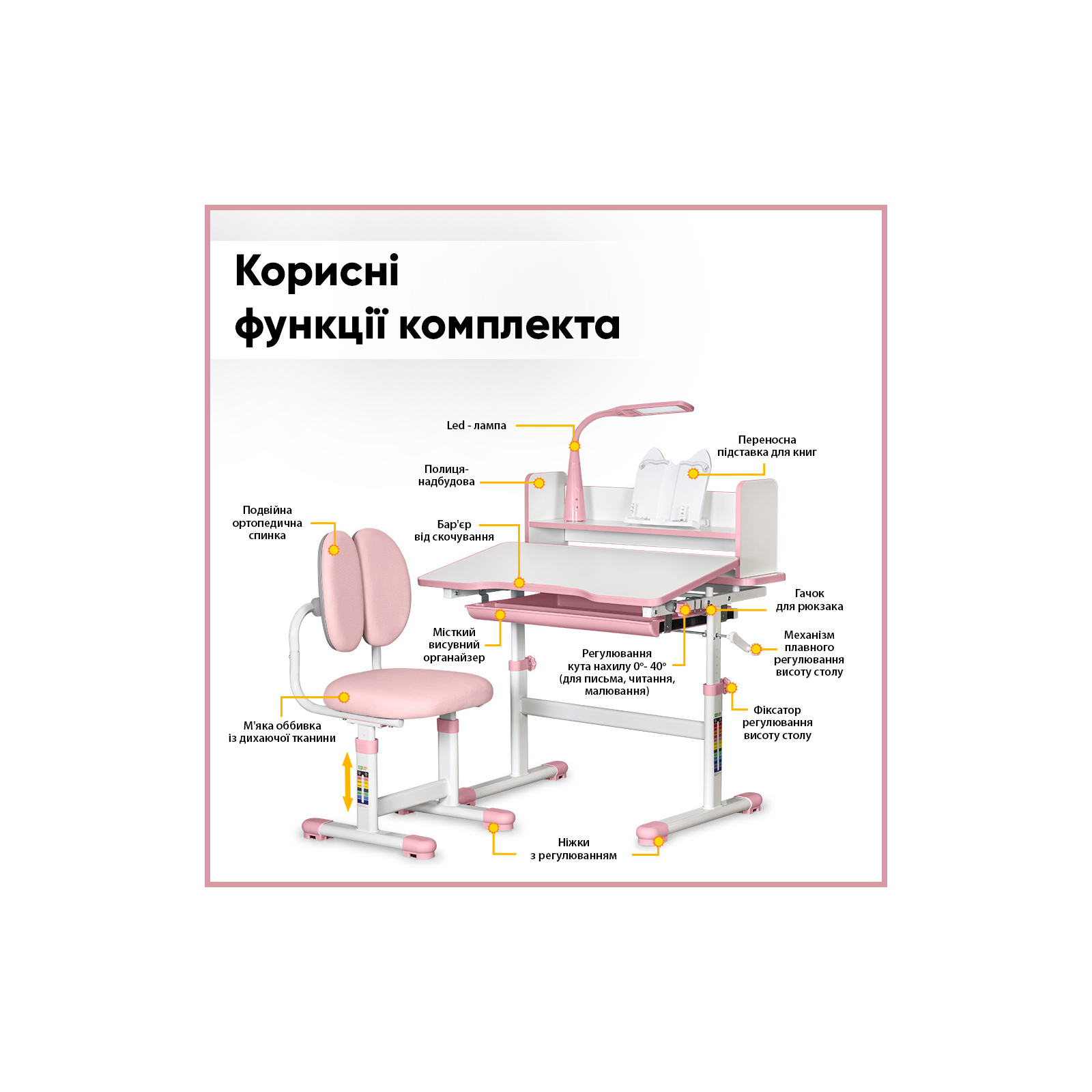 Парта со стулом ErgoKids Pink (+полка+лампа) (BD-24 PN) изображение 4