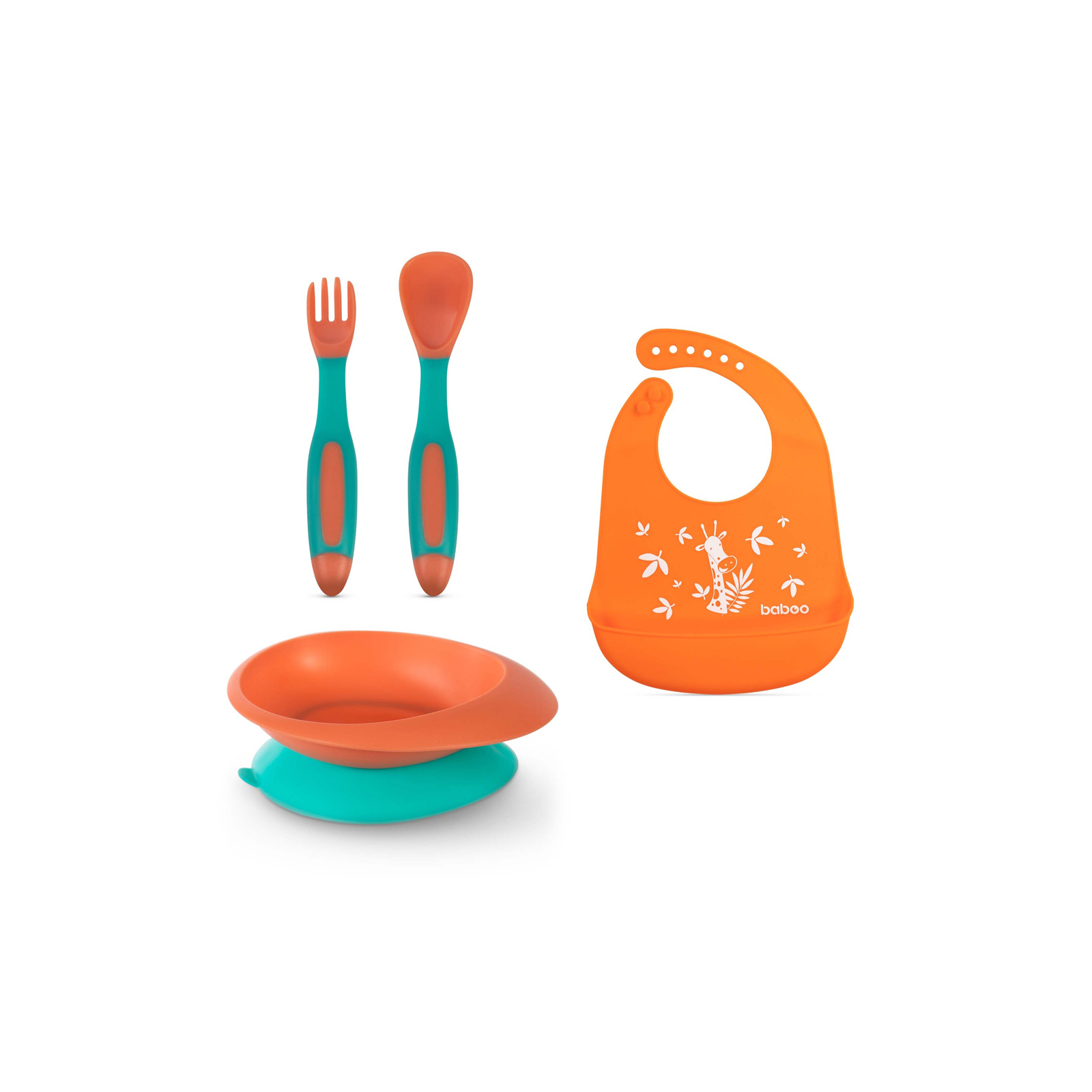 Набор детской посуды Baboo мисочка, гибкие вилка и ложка, нагрудник (10-001 оранж)