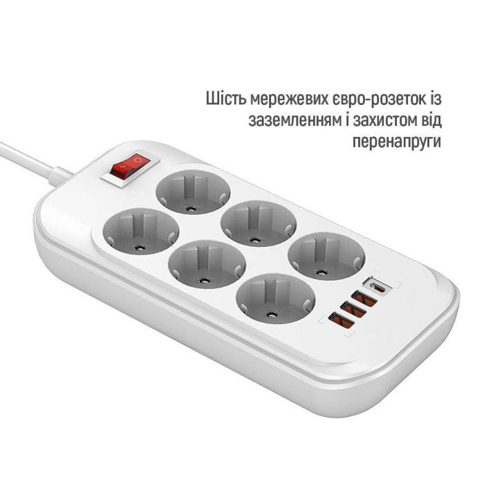 Мережевий фільтр живлення ColorWay CW-CHE64PDW, 6 розеток/4USB 2M (CW-CHE64PDW) зображення 4