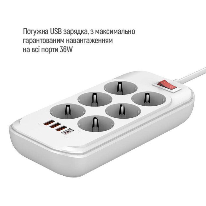Мережевий фільтр живлення ColorWay CW-CHE64PDW, 6 розеток/4USB 2M (CW-CHE64PDW) зображення 5