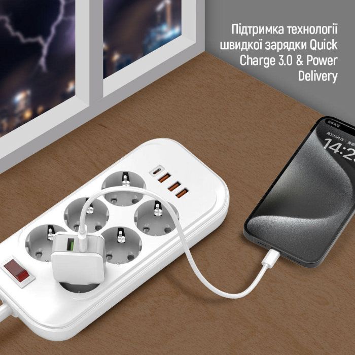 Мережевий фільтр живлення ColorWay CW-CHE64PDW, 6 розеток/4USB 2M (CW-CHE64PDW) зображення 7