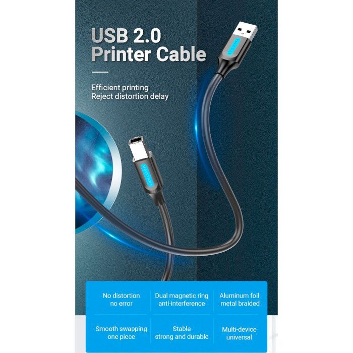 Кабель для принтера USB 2.0 AM/BM 2.0m 480Mbps PVC black Vention (COQBH) изображение 2
