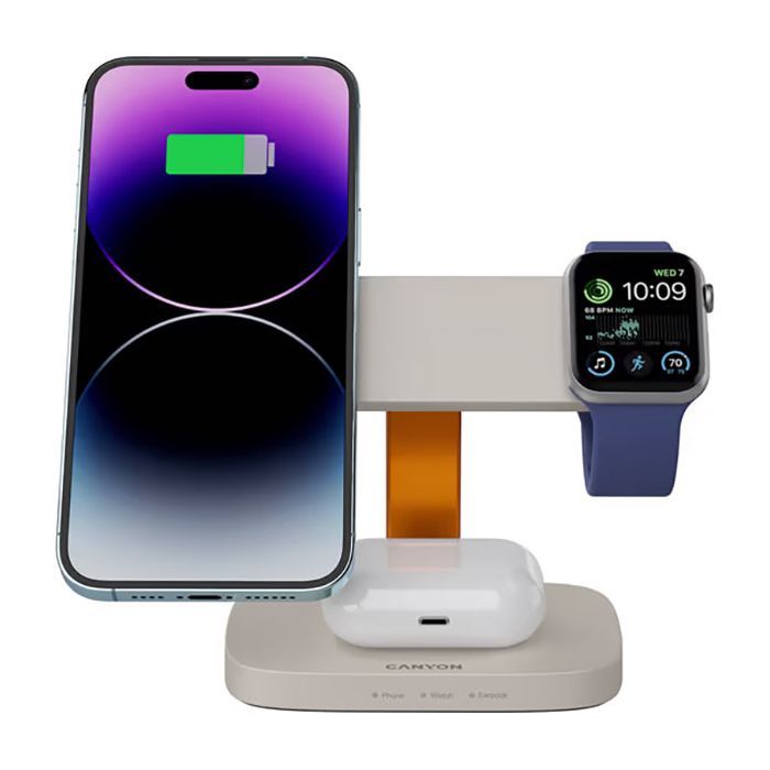 Зарядний пристрій Canyon wireless charger HEXAGON WCS-310 3in1 LightGrey/Orange (CNS-WCS310LGOR) зображення 4