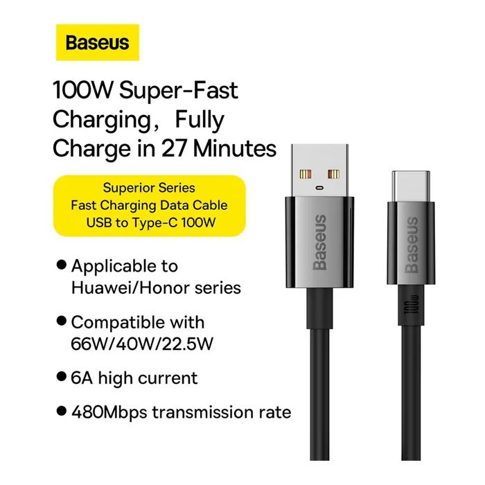 Дата кабель USB 2.0 AM to USB-C 2.0m Superior Fast Charging 100W cluster black Baseus (P10320102114-02) зображення 10