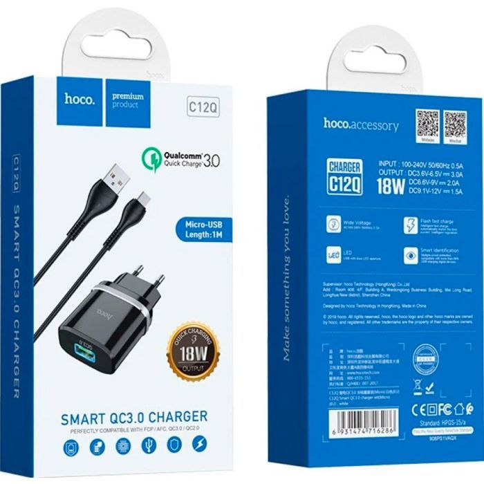 Зарядное устройство HOCO C12Q Smart USB QC3.0 + cable Micro 18W Black (6931474716279) изображение 4