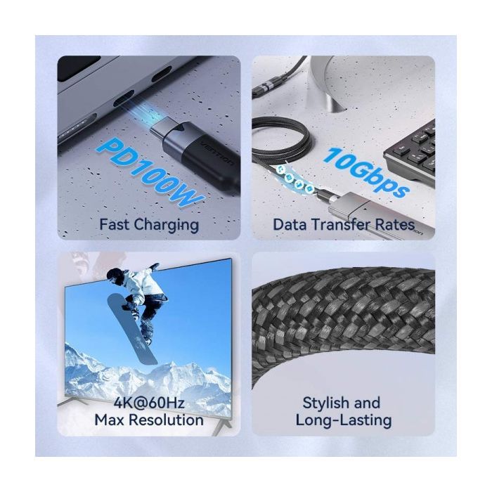 Дата кабель USB-C M/F 1.0m 100W 10Gbps 4K60Hz Vention (TRFBF) зображення 5
