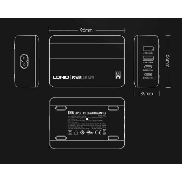 Зарядное устройство LDNIO 2xUSB-C PD100W + 2xUSB GaN (A4809C) изображение 12