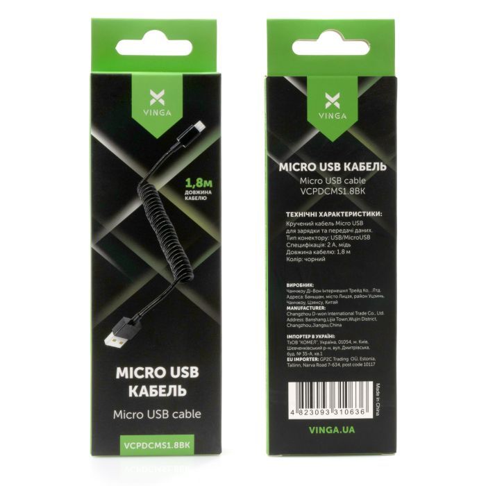 Дата кабель USB 2.0 AM to Micro 5P 1.8m Spring black Vinga (VCPDCMS1.8BK) изображение 4
