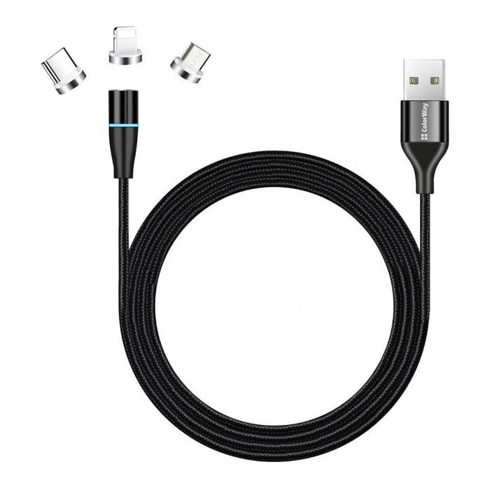 Дата кабель USB 2.0 AM to Lightning + Micro 5P + Type-C 1.0m Magnetic ColorWay (CW-CBUU038-BK)