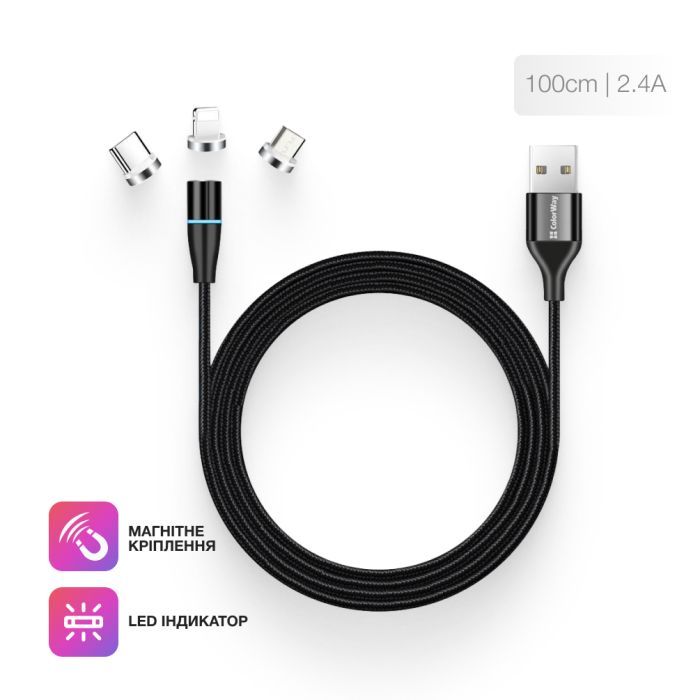 Дата кабель USB 2.0 AM to Lightning + Micro 5P + Type-C 1.0m Magnetic ColorWay (CW-CBUU038-BK) изображение 8