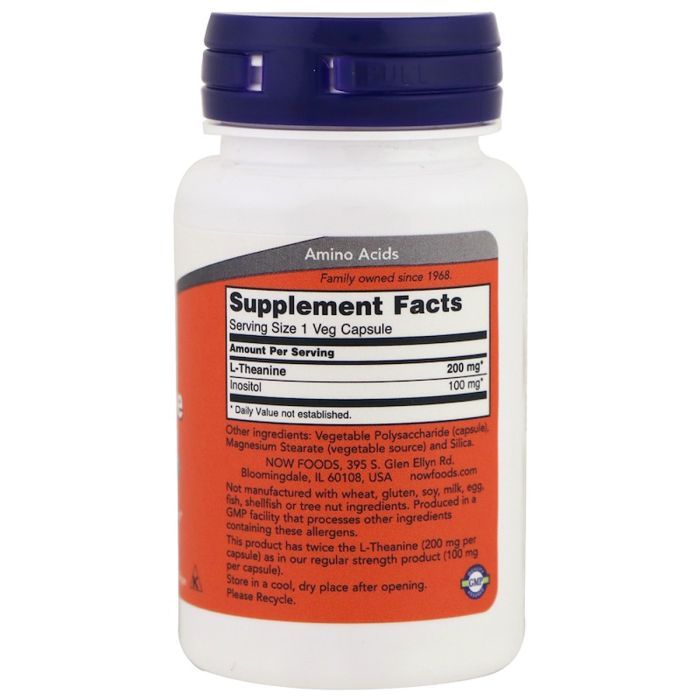 Амінокислота Now Foods L-Теанін, L-Theanine, Double Strength, 200 мг, 60 вегетаріан (NOW-00147) зображення 2