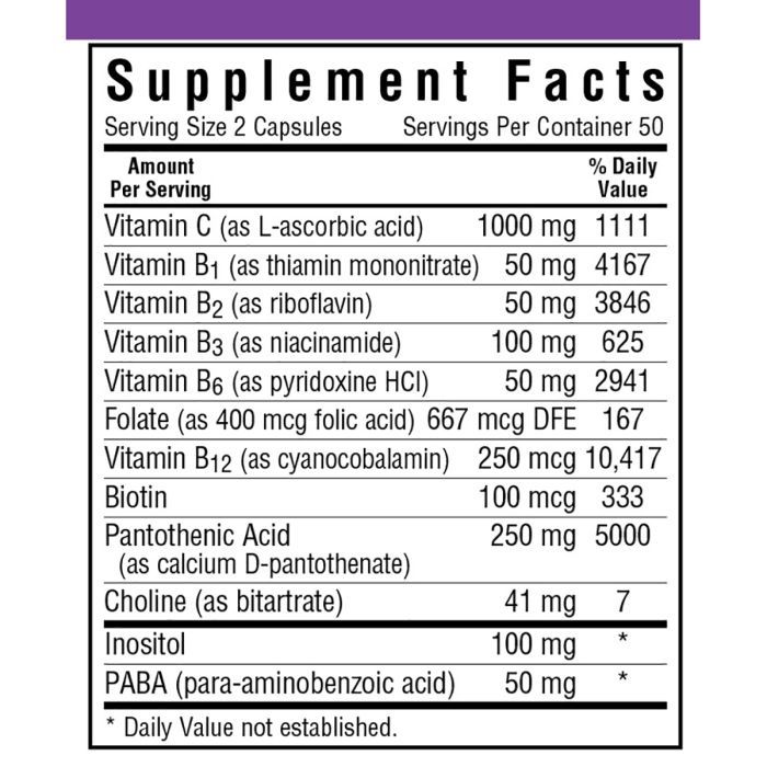 Витамин Bluebonnet Nutrition Стресс В-Комплекс 100, 100 гелевых капсул (BLB-00424) изображение 2