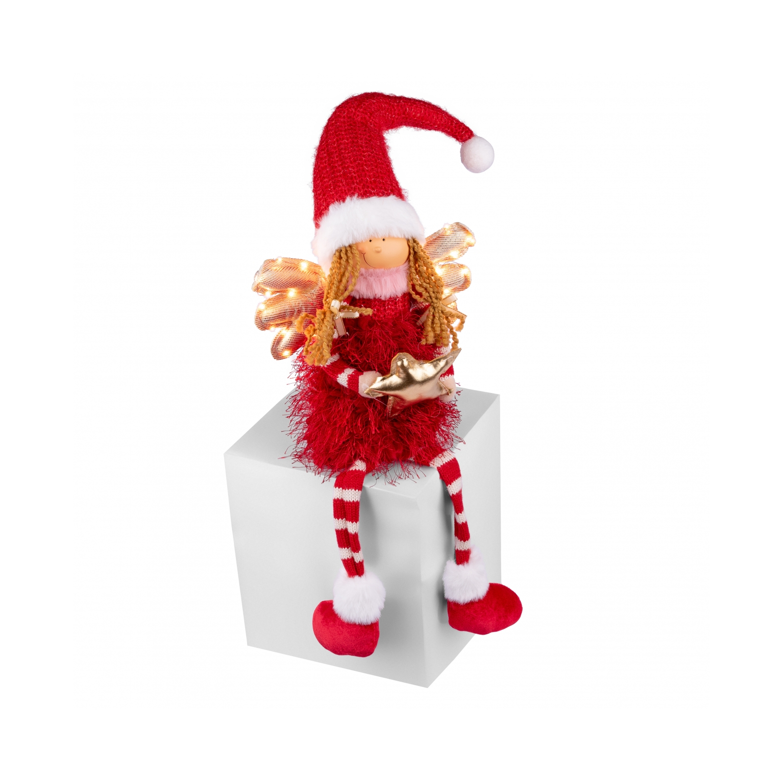 Новогодняя фигурка Novogod`ko Девочка Ангел в красном, 58 см, LED крылышки, сидит (974639)