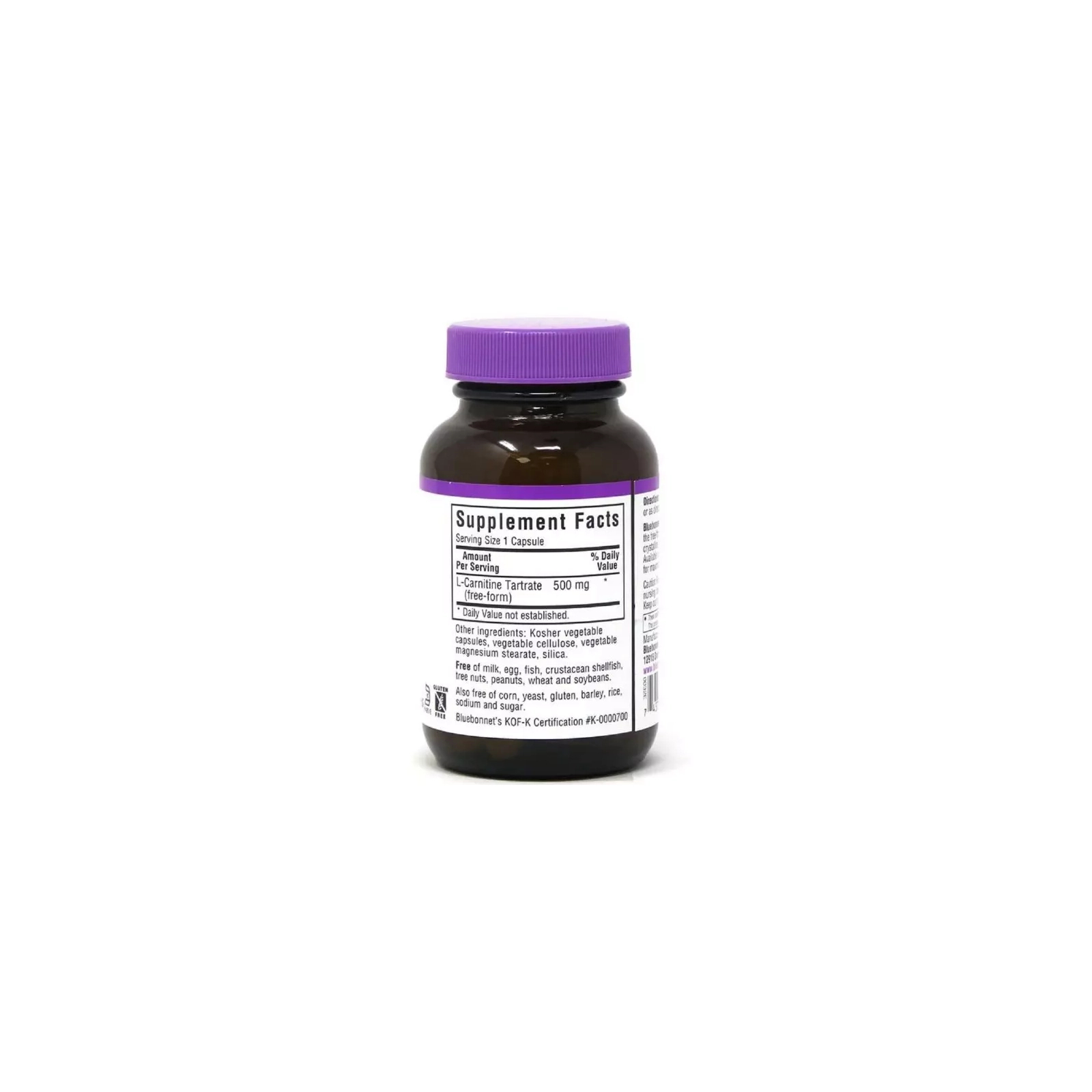 Вітамінно-мінеральний комплекс Bluebonnet Nutrition L-Карнітин 500 мг, L-Carnitin, 30 вегетаріанських капсул (BLB0032) зображення 2