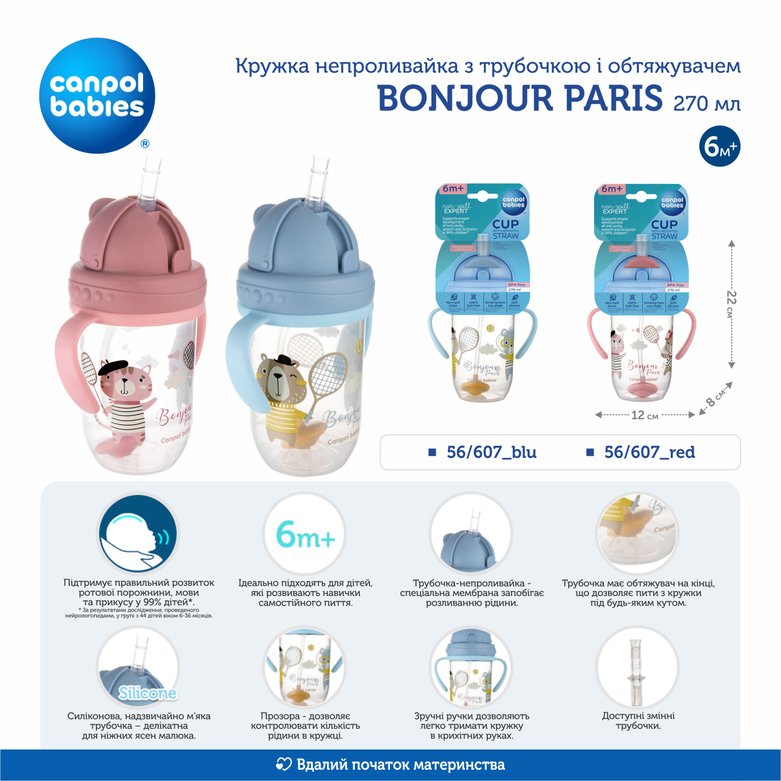 Поильник-непроливайка Canpol babies Bonjour Paris с трубочкой и утяжелителем 270 мл Синяя (56/607_blu) изображение 5