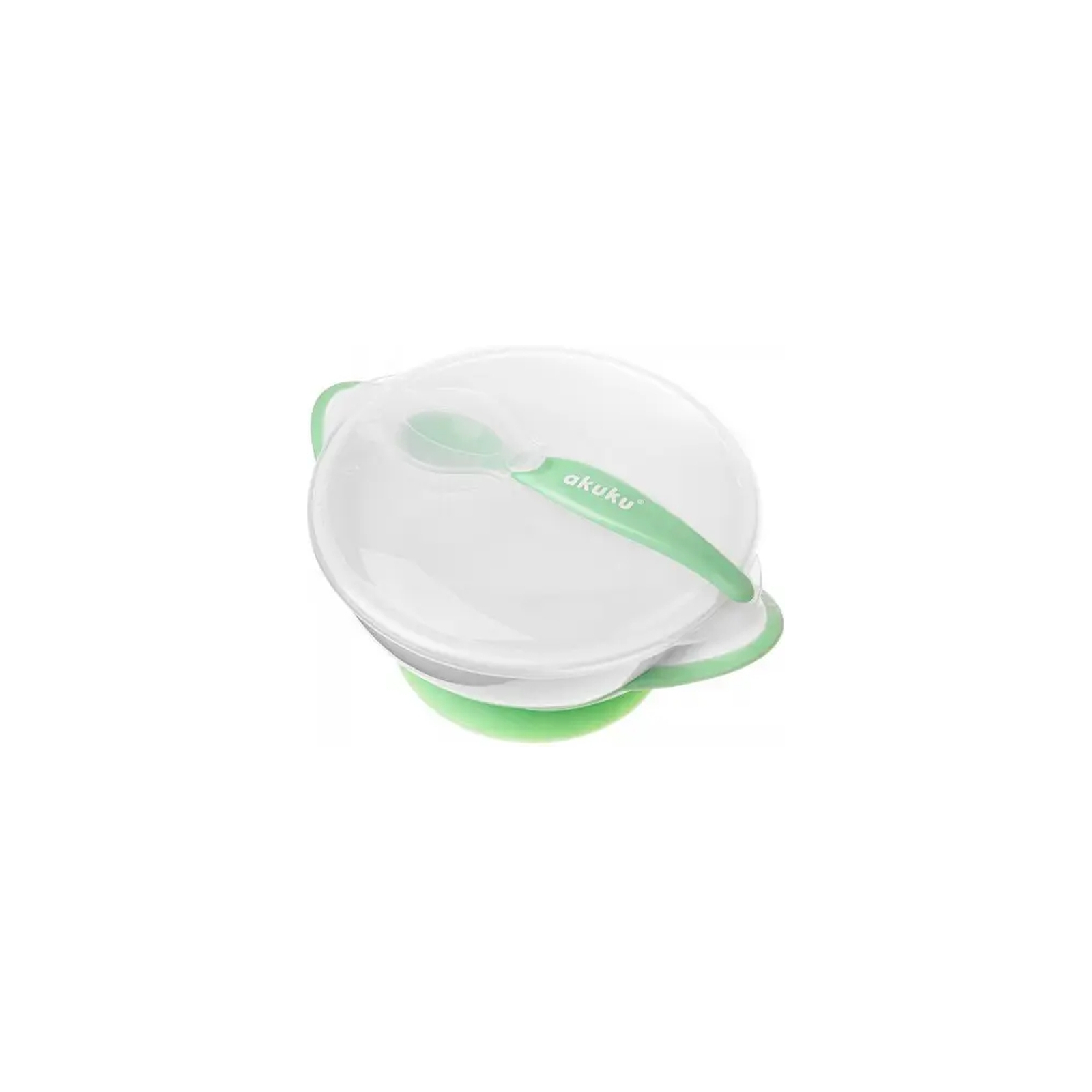 Набор детской посуды Akuku тарелка на присоске с ложкой, белый-зеленый (A0504)