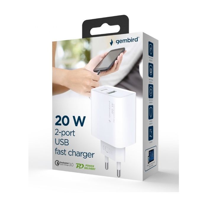 Зарядное устройство Gembird USB-A + Type-C (PD20W + QC3.0 18W) white (TA-UC-PDQC20-01-W) изображение 6