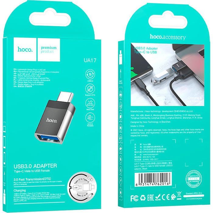 Переходник UA17 USB-C M to USB F USB3.0 Black HOCO (6931474762016) изображение 4