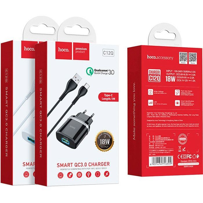 Зарядное устройство HOCO C12Q Smart USB QC3.0 + cable USB to USB-C 18W Black (6931474716293) изображение 4