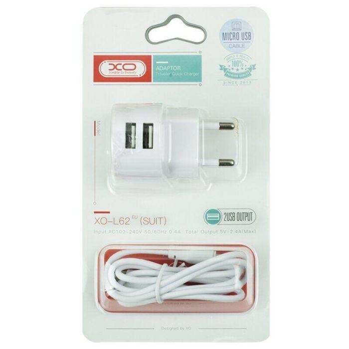 Зарядное устройство XO 2xUSB 2.4A + cable USB to Micro 5P white (L62-M-WH) изображение 3