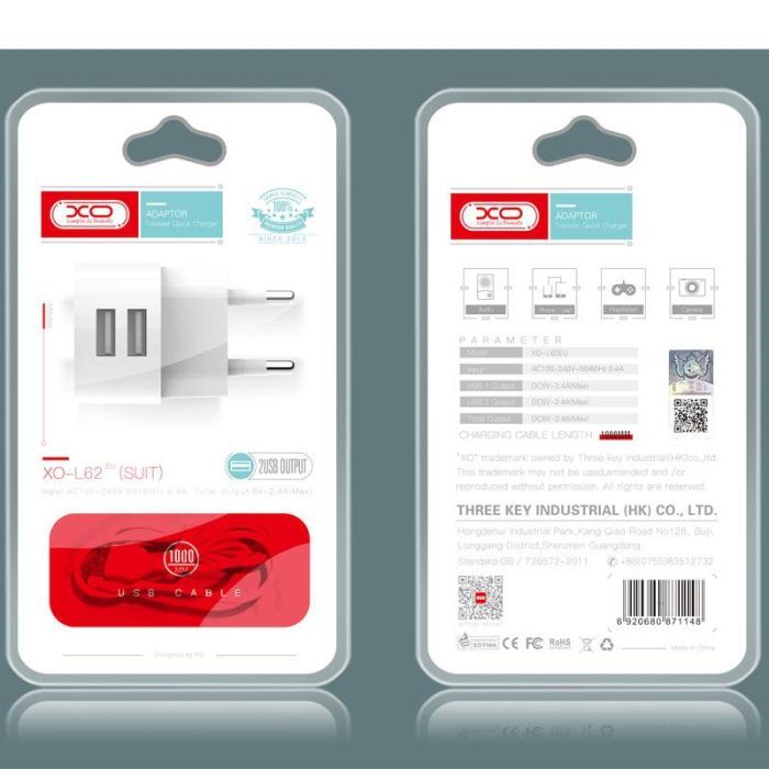 Зарядное устройство XO 2xUSB 2.4A + cable USB to Micro 5P white (L62-M-WH) изображение 4