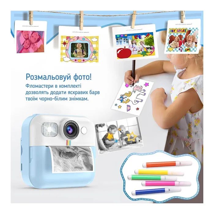 Детский фотоаппарат ColorWay с функцией мгновенной печати (Blue) (CW-PHP01B) изображение 12