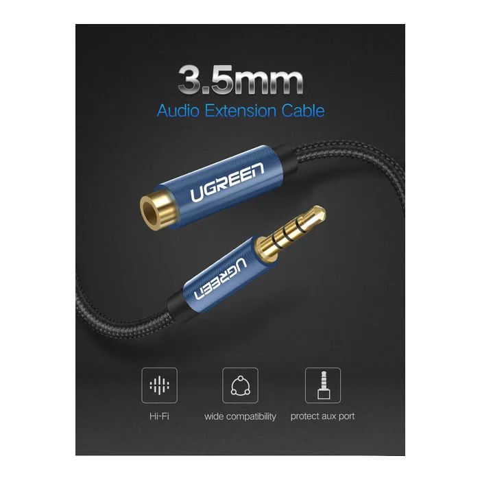 Кабель мультимедійний 3.5mm M to 3.5mm F 1.5m AV118 blue Ugreen (40674) зображення 2 Кабель мультимедійний 3.5mm M to 3.5mm F 1.5m AV118 blue Ugreen (40674) зображення 2