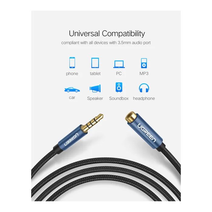 Кабель мультимедійний 3.5mm M to 3.5mm F 1.5m AV118 blue Ugreen (40674) зображення 3 Кабель мультимедійний 3.5mm M to 3.5mm F 1.5m AV118 blue Ugreen (40674) зображення 3
