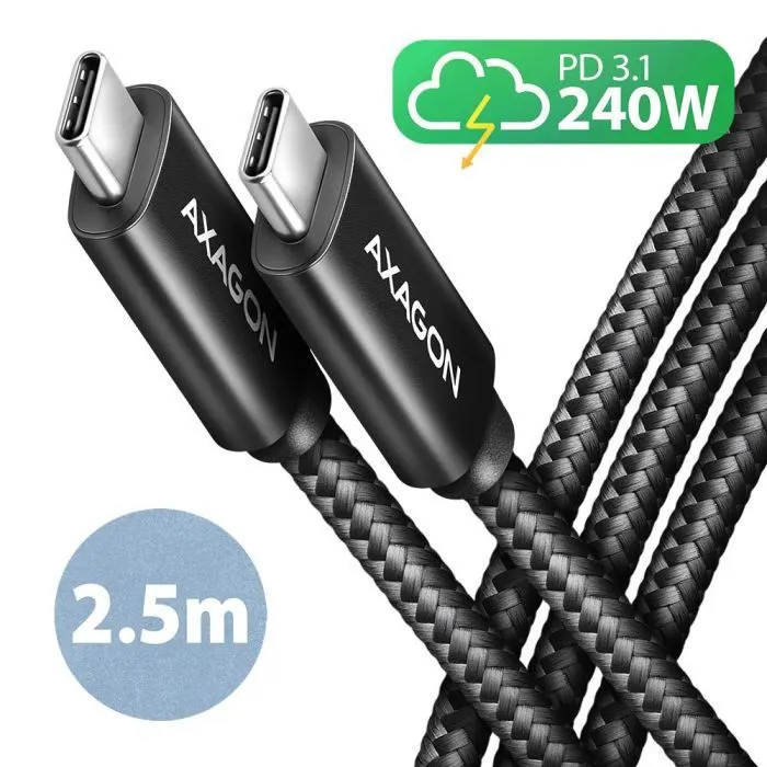 Дата кабель USB-C to USB-C 2.5m USB 2.0 PD 240W 5A black AXAGON (BUCM2-CM25AB)
