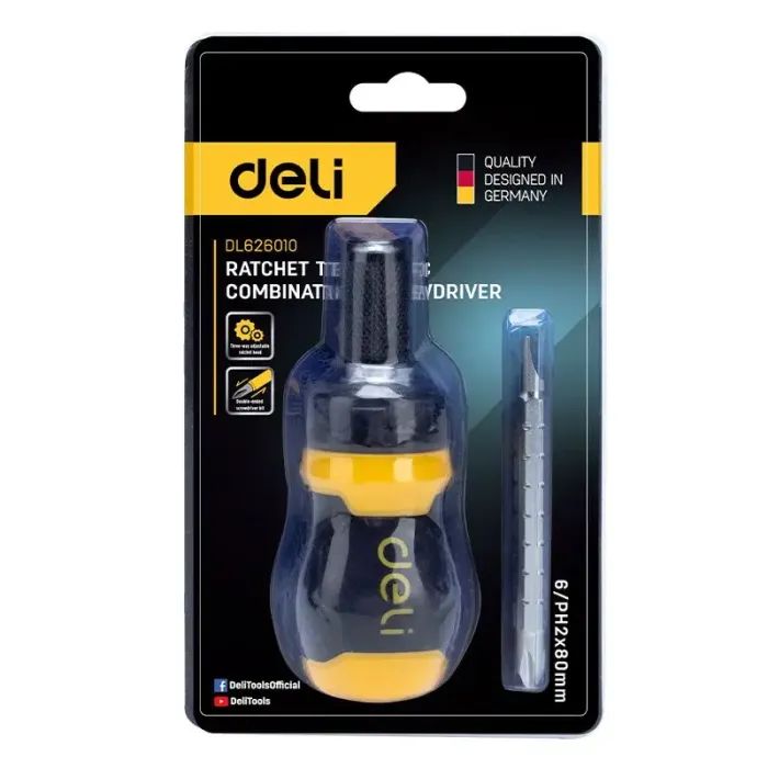 Отвертка Deli двухсторонняя с трещоткой, 2 бита 6/PH2 x 85 мм (DL626010) изображение 2