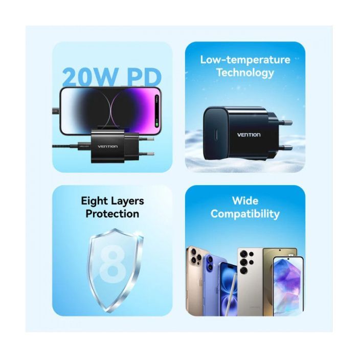 Зарядний пристрій Vention 1xUSB-C PD20W + cable USB-C to Lightning black (G17B0-EU) зображення 3