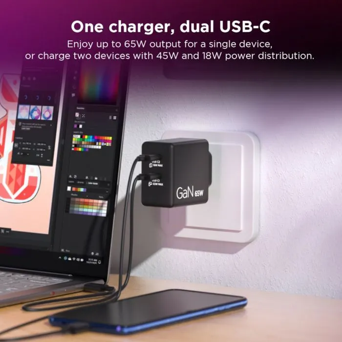 Блок питания к ноутбуку Lenovo Dual USB-C 65W GaN Charger (40AW065BEU) изображение 10