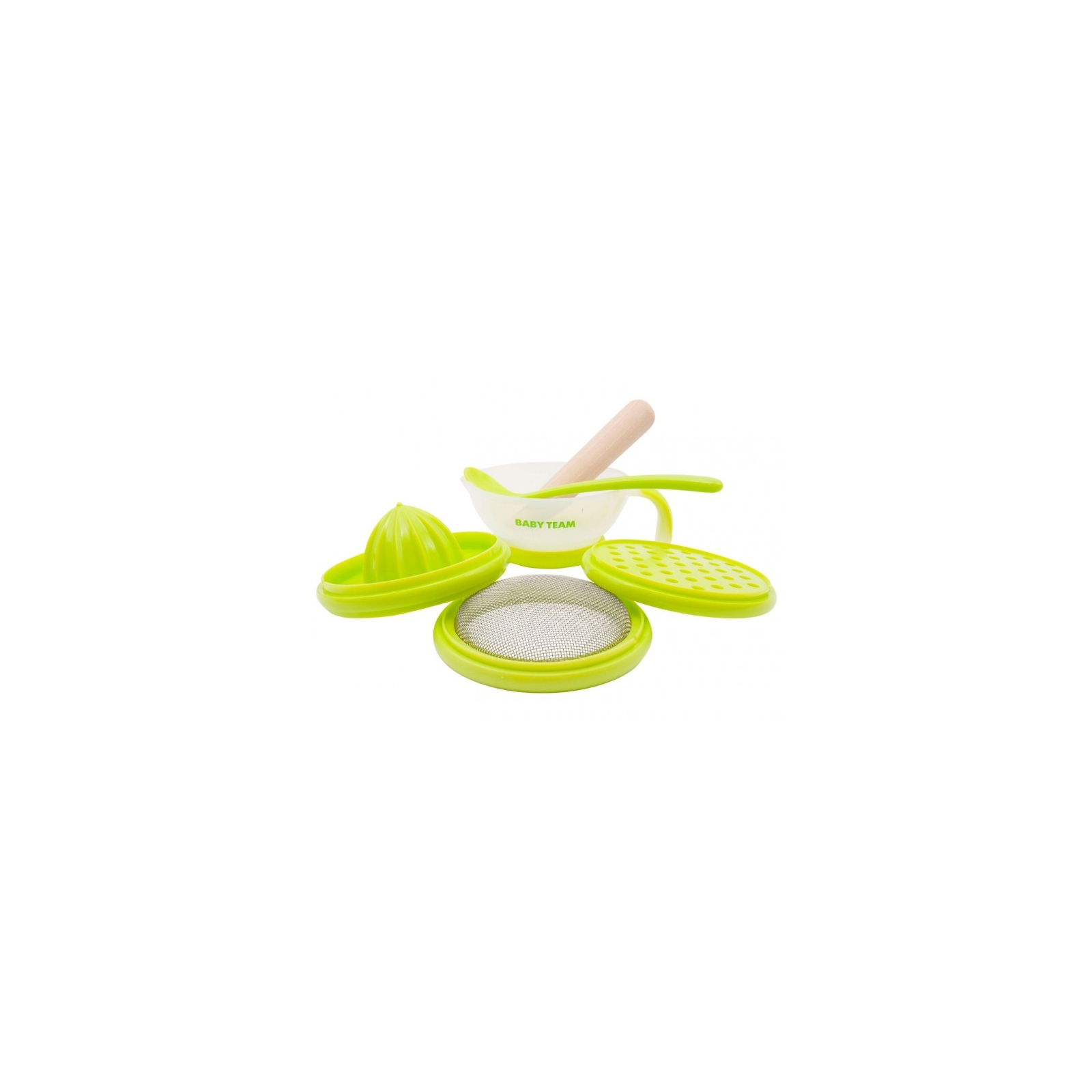 Набор детской посуды Baby Team терка, сито, соковыжималка, чаша, ложка (6095)