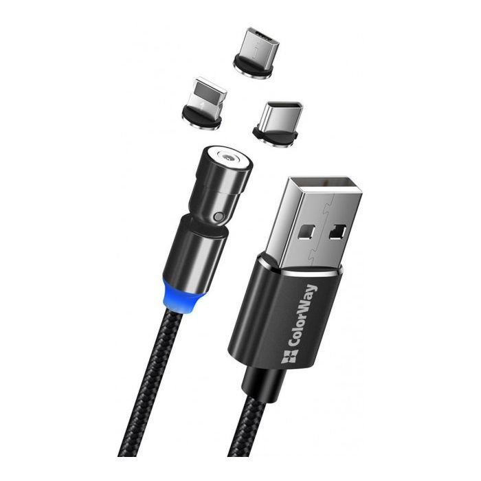 Дата кабель USB 2.0 AM to Lightning + Micro 5P + USB-C 1.0m Magnetic Ro ColorWay (CW-CBUU037-BK)