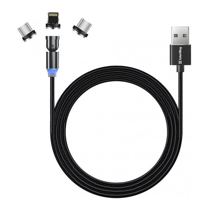 Дата кабель USB 2.0 AM to Lightning + Micro 5P + USB-C 1.0m Magnetic Ro ColorWay (CW-CBUU037-BK) зображення 3